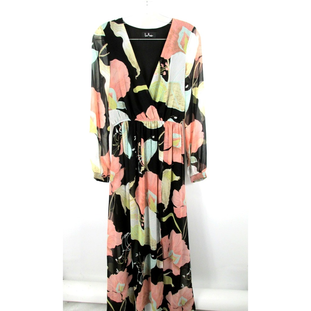 LULUS Wondrous Lillies Maxi Dress Women Small Black Floral V-Neck Flowy Fairy